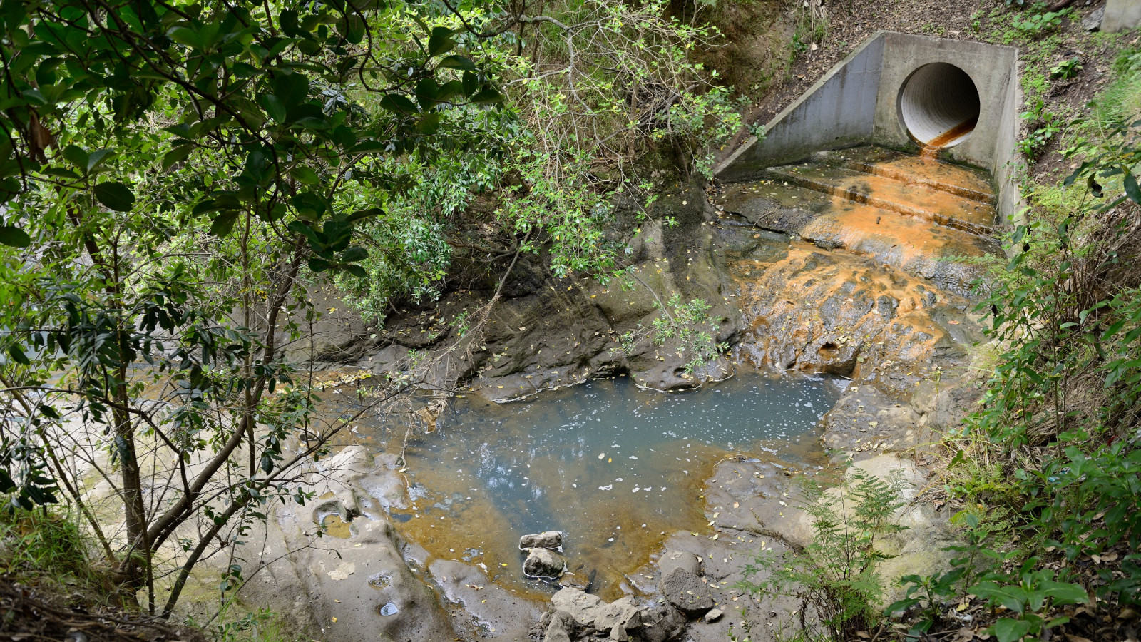 A culvert embedded in a hillside releases water into a small stream. The water has stained the concrete below the culvert an orange colour.