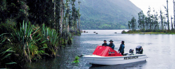 A small research motor boat with 3 people on board is stationery on a lake in the rain. Flax and tall native trees are in and beside the water.