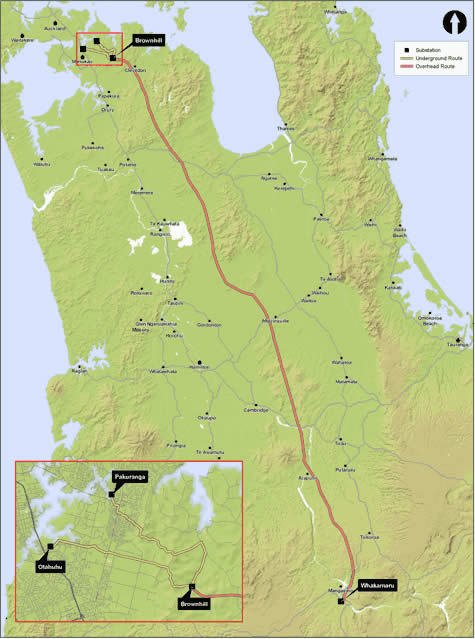 Map showing route of Transpower's proposed new transmission line.