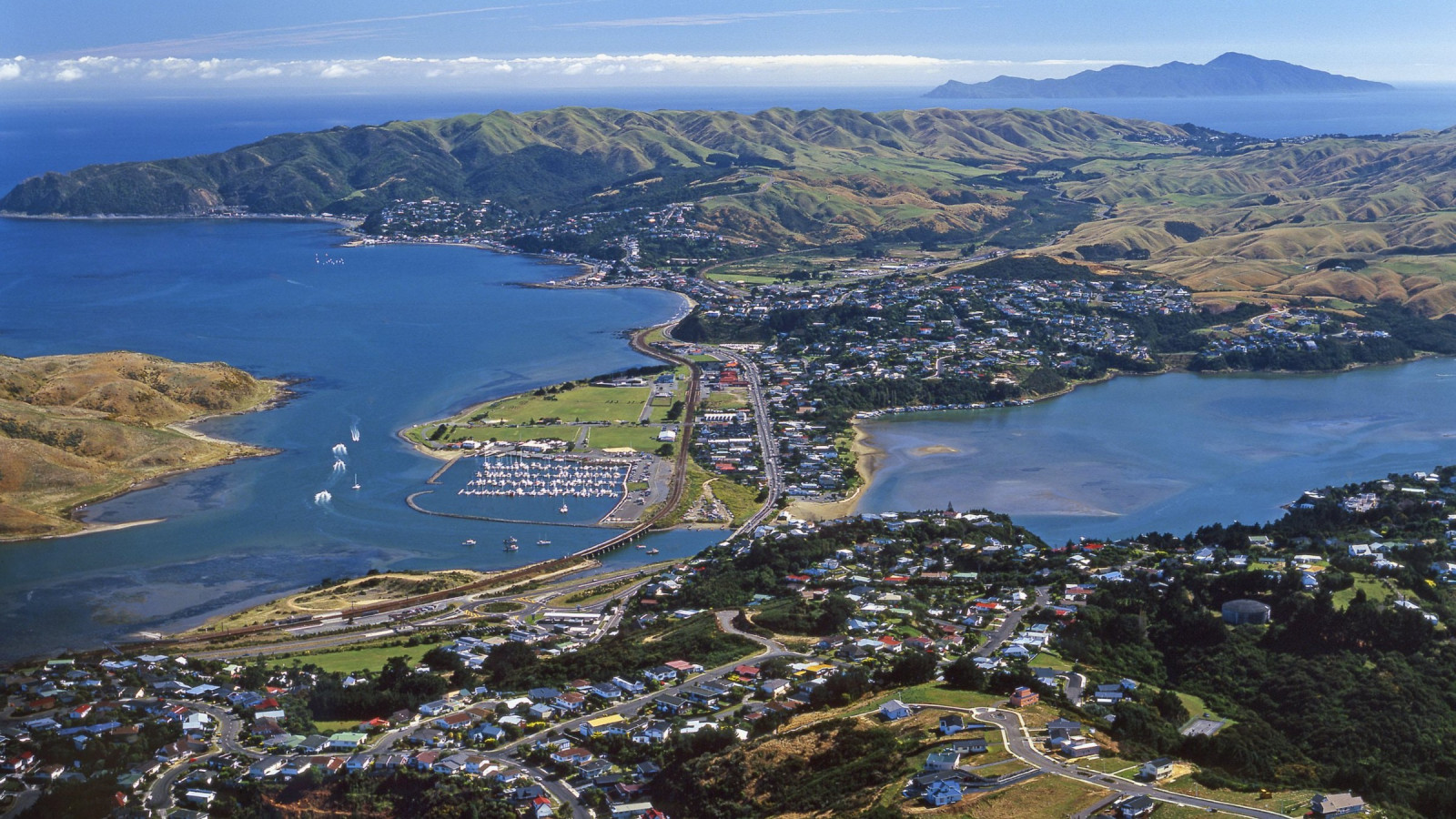 A overhead shot of Porirua Harbour and Kapiti Island