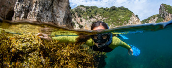 A  shot above and below the water of a young girl swimming, with a snorkel and flippers.