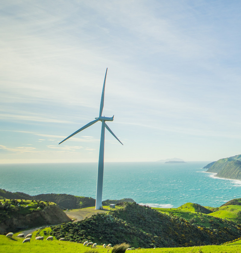 A wind turbine on farmland with the ocean in the background.  