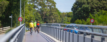 A group of cyclists on a cycle path adjacent to a road.