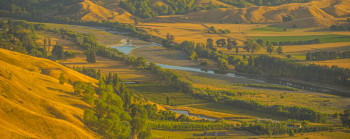 A rural landscape at sunrise.  