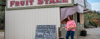 A woman purchasing a bag of apples from a roadside fruit stall. 