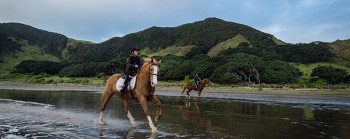 Two boys riding horses on the beach at high tide.