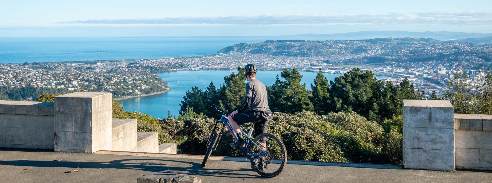 Photo of a mountain biker at a lookout, overlooking the city and harbour of Dunedin. It is a sunny, blue sky day. 